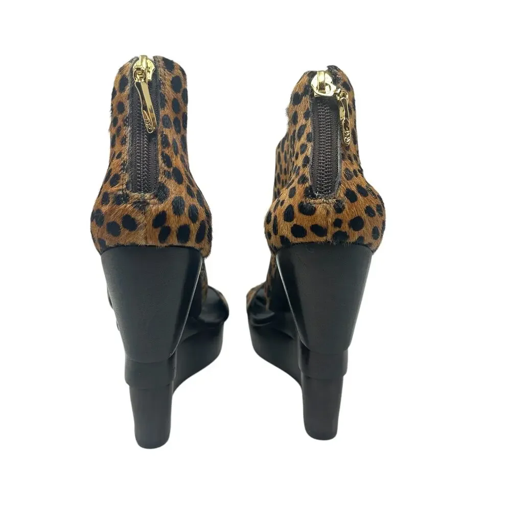 Diane von Furstenberg Opal Wedge Sandals Leopard Leather Calf Hair Brown‎ Size 8